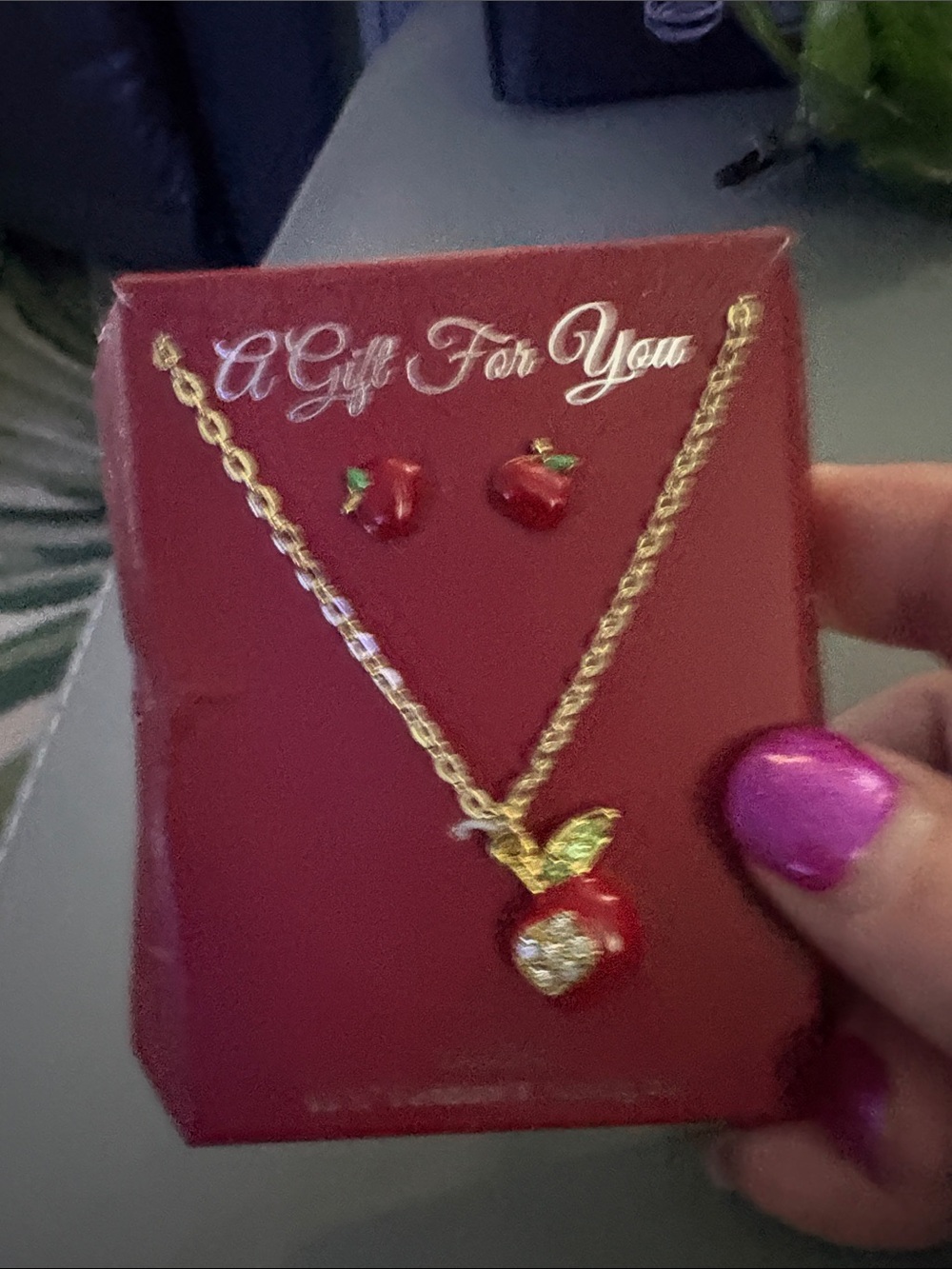 Teacher Apple 🍎 Gold-Tone Red Apple Pendant Necklace & Stud Earrings Set crystal